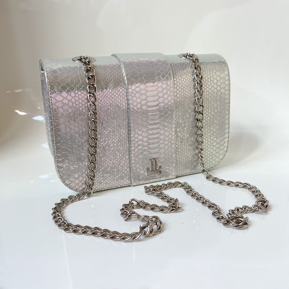 $495 NEW Loriblu Italy Leather Silver AB Reptile Finish Medium Shoulder Bag - Picture 6 of 16